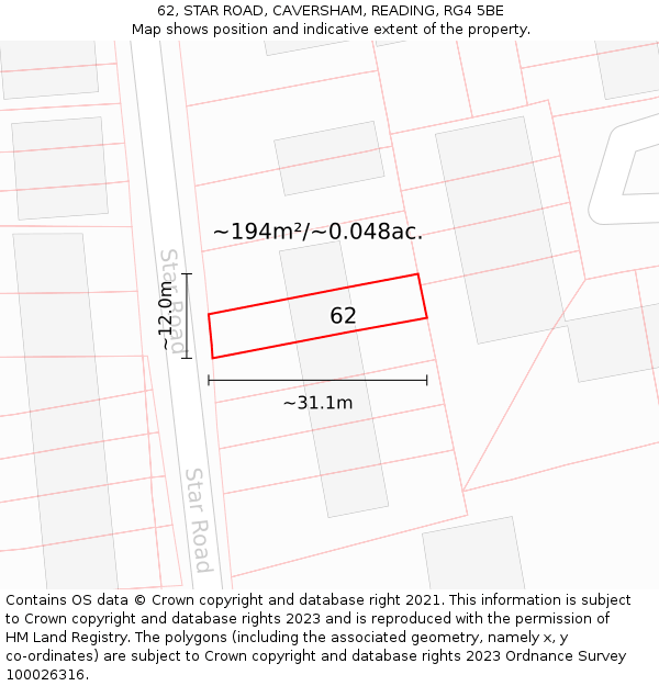 62, STAR ROAD, CAVERSHAM, READING, RG4 5BE: Plot and title map
