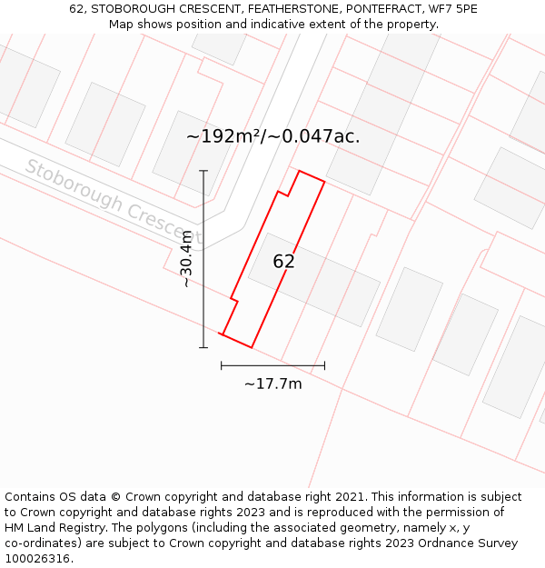 62, STOBOROUGH CRESCENT, FEATHERSTONE, PONTEFRACT, WF7 5PE: Plot and title map