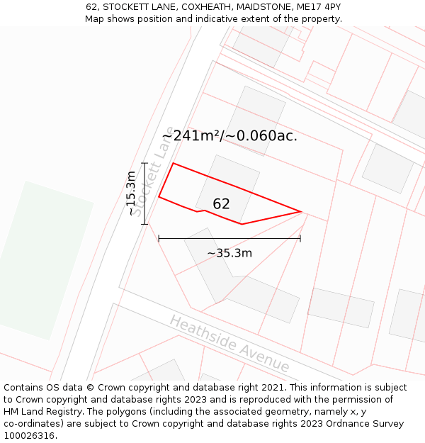62, STOCKETT LANE, COXHEATH, MAIDSTONE, ME17 4PY: Plot and title map