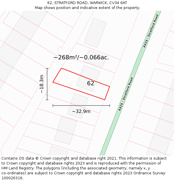 62, STRATFORD ROAD, WARWICK, CV34 6AT: Plot and title map
