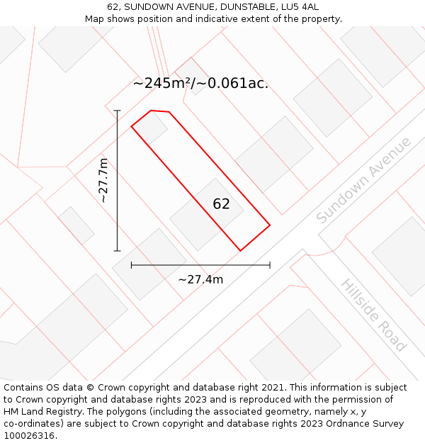 62, SUNDOWN AVENUE, DUNSTABLE, LU5 4AL: Plot and title map