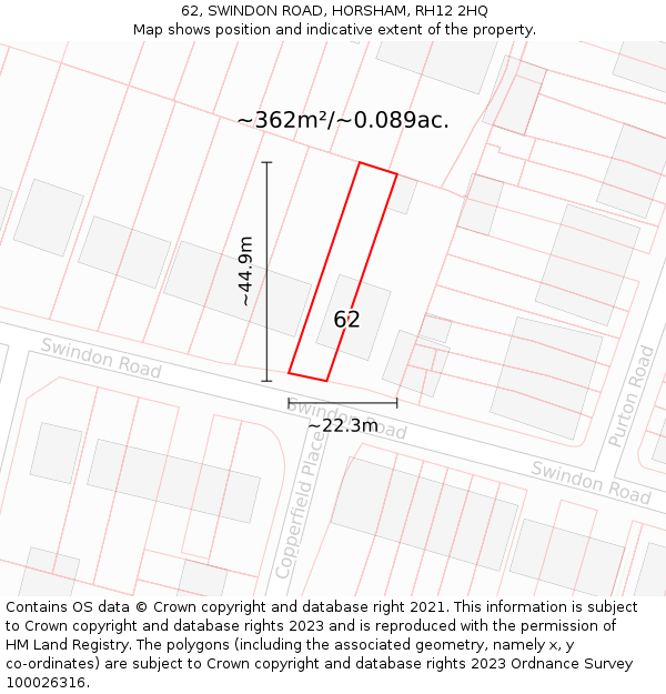 62, SWINDON ROAD, HORSHAM, RH12 2HQ: Plot and title map