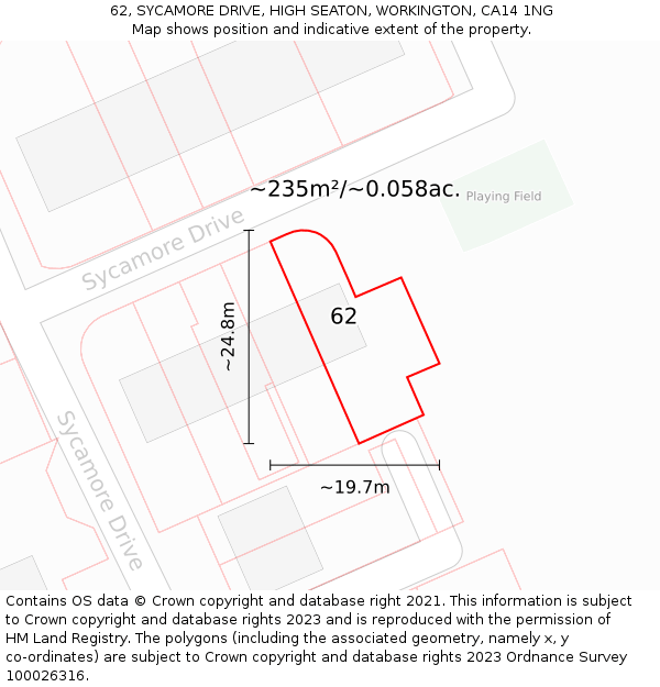 62, SYCAMORE DRIVE, HIGH SEATON, WORKINGTON, CA14 1NG: Plot and title map