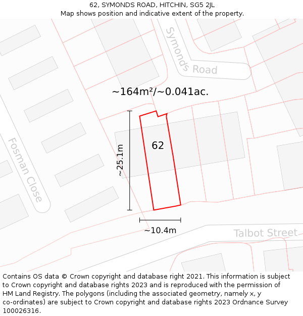 62, SYMONDS ROAD, HITCHIN, SG5 2JL: Plot and title map