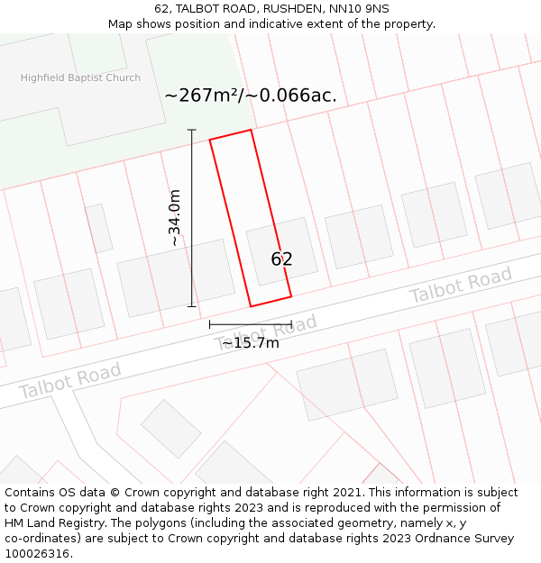 62, TALBOT ROAD, RUSHDEN, NN10 9NS: Plot and title map