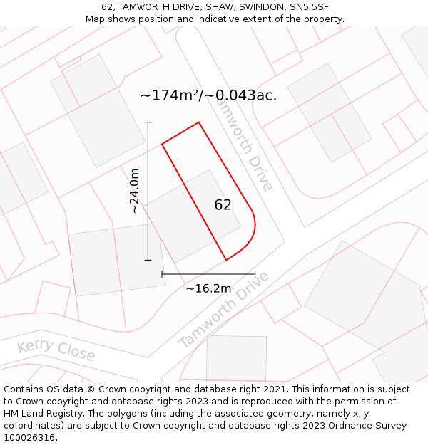 62, TAMWORTH DRIVE, SHAW, SWINDON, SN5 5SF: Plot and title map