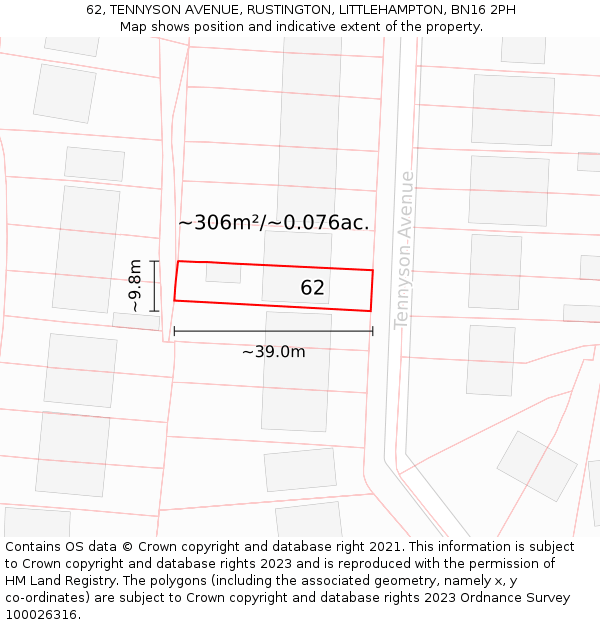 62, TENNYSON AVENUE, RUSTINGTON, LITTLEHAMPTON, BN16 2PH: Plot and title map