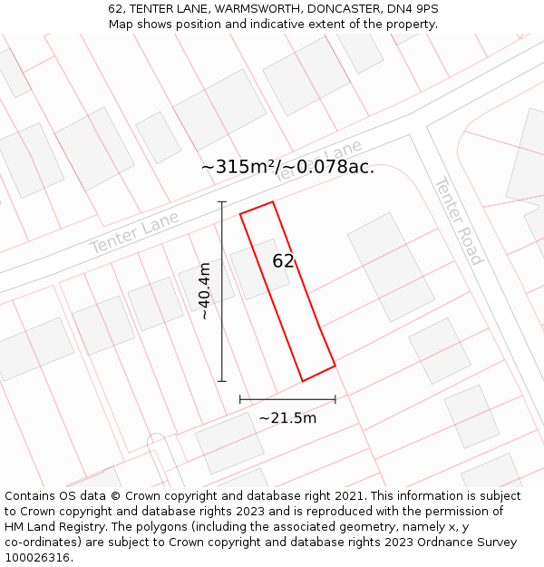 62, TENTER LANE, WARMSWORTH, DONCASTER, DN4 9PS: Plot and title map