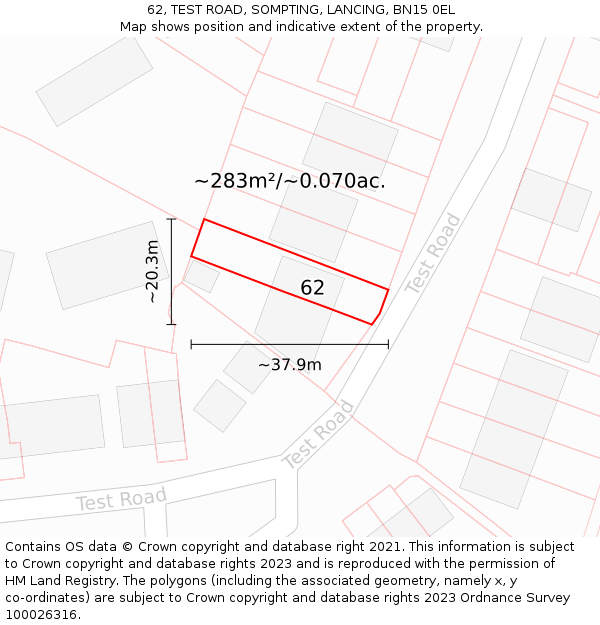 62, TEST ROAD, SOMPTING, LANCING, BN15 0EL: Plot and title map