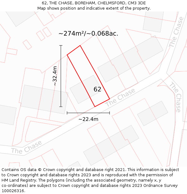 62, THE CHASE, BOREHAM, CHELMSFORD, CM3 3DE: Plot and title map