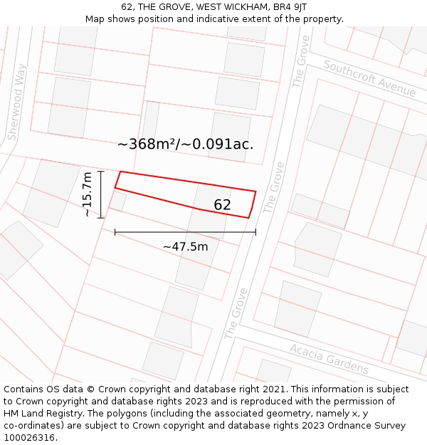 62, THE GROVE, WEST WICKHAM, BR4 9JT: Plot and title map