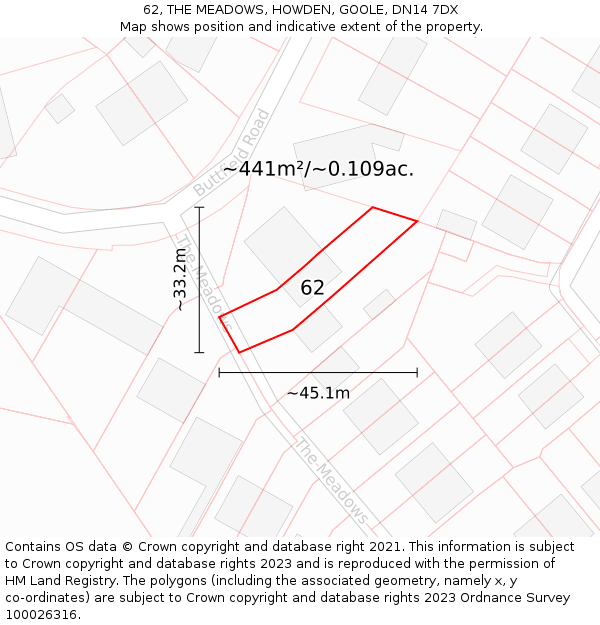 62, THE MEADOWS, HOWDEN, GOOLE, DN14 7DX: Plot and title map