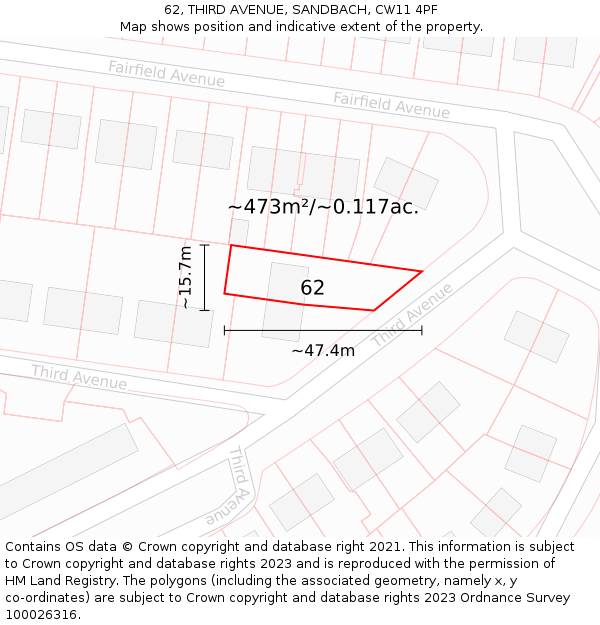 62, THIRD AVENUE, SANDBACH, CW11 4PF: Plot and title map