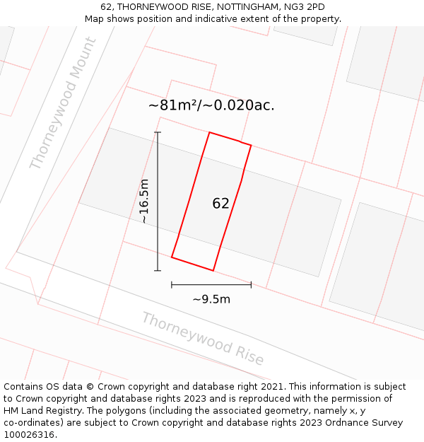 62, THORNEYWOOD RISE, NOTTINGHAM, NG3 2PD: Plot and title map