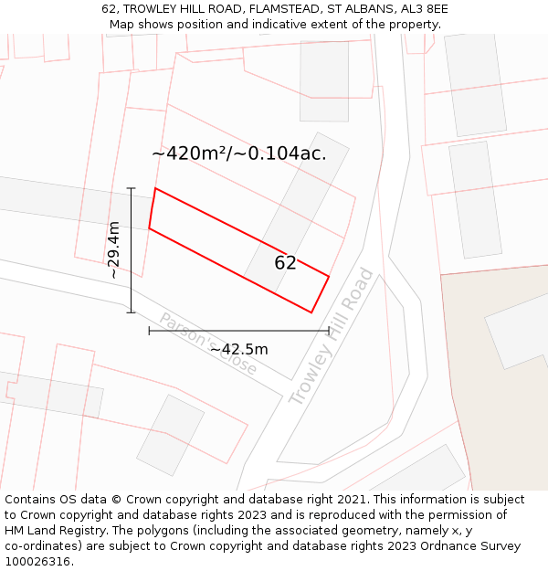 62, TROWLEY HILL ROAD, FLAMSTEAD, ST ALBANS, AL3 8EE: Plot and title map