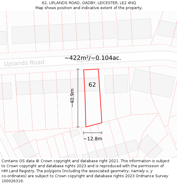 62, UPLANDS ROAD, OADBY, LEICESTER, LE2 4NQ: Plot and title map
