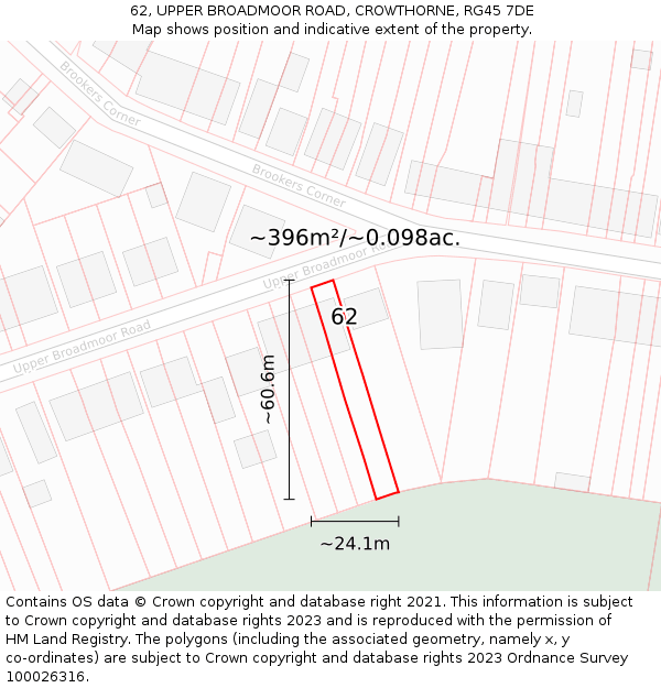 62, UPPER BROADMOOR ROAD, CROWTHORNE, RG45 7DE: Plot and title map