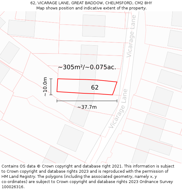 62, VICARAGE LANE, GREAT BADDOW, CHELMSFORD, CM2 8HY: Plot and title map