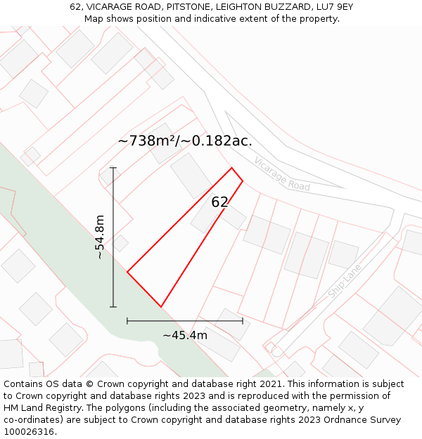 62, VICARAGE ROAD, PITSTONE, LEIGHTON BUZZARD, LU7 9EY: Plot and title map