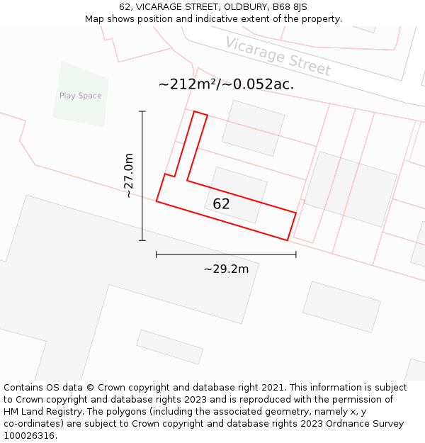 62, VICARAGE STREET, OLDBURY, B68 8JS: Plot and title map