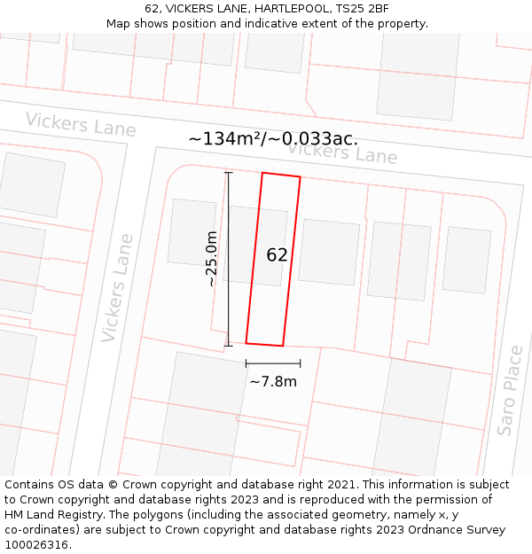 62, VICKERS LANE, HARTLEPOOL, TS25 2BF: Plot and title map