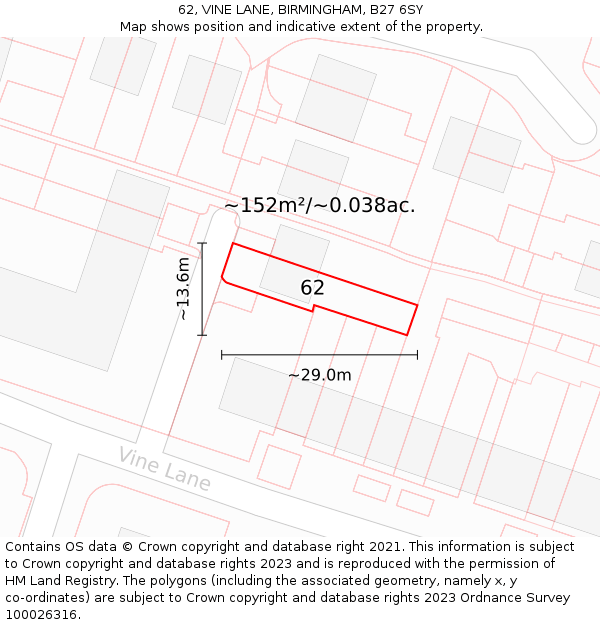 62, VINE LANE, BIRMINGHAM, B27 6SY: Plot and title map