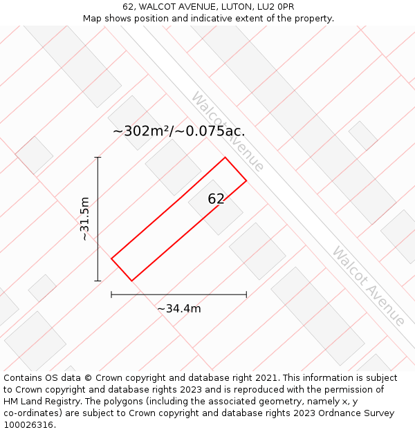 62, WALCOT AVENUE, LUTON, LU2 0PR: Plot and title map