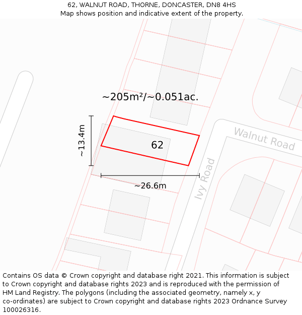 62, WALNUT ROAD, THORNE, DONCASTER, DN8 4HS: Plot and title map