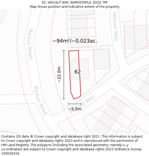 62, WALNUT WAY, BARNSTAPLE, EX32 7RF: Plot and title map