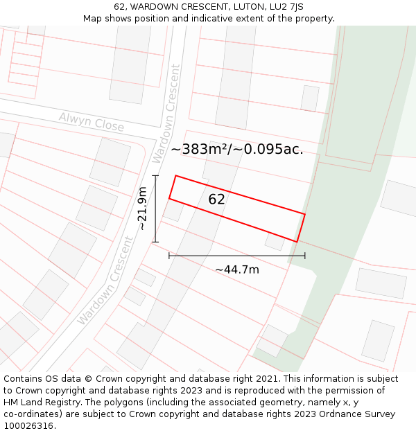 62, WARDOWN CRESCENT, LUTON, LU2 7JS: Plot and title map