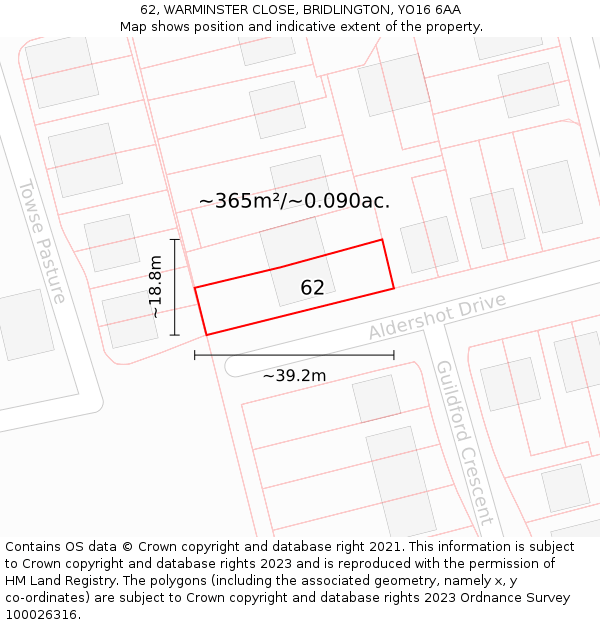 62, WARMINSTER CLOSE, BRIDLINGTON, YO16 6AA: Plot and title map