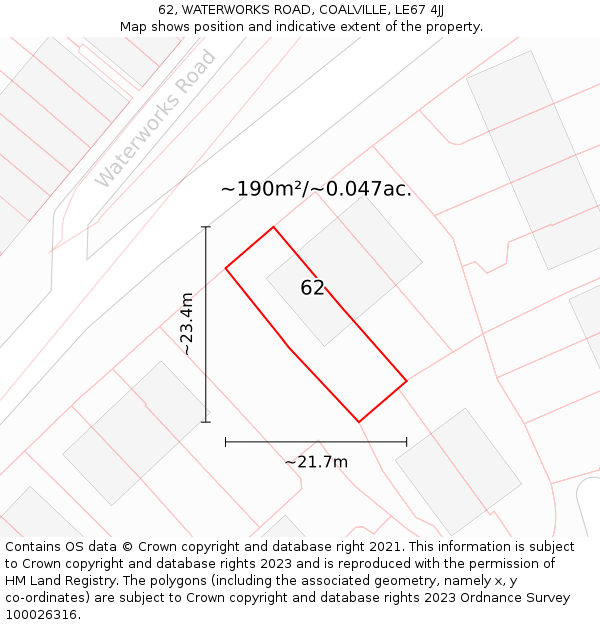 62, WATERWORKS ROAD, COALVILLE, LE67 4JJ: Plot and title map