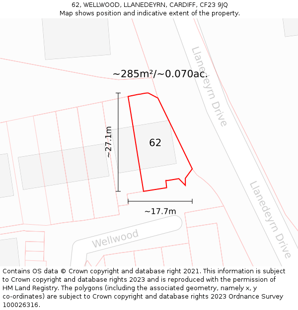 62, WELLWOOD, LLANEDEYRN, CARDIFF, CF23 9JQ: Plot and title map