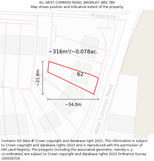 62, WEST COMMON ROAD, BROMLEY, BR2 7BX: Plot and title map