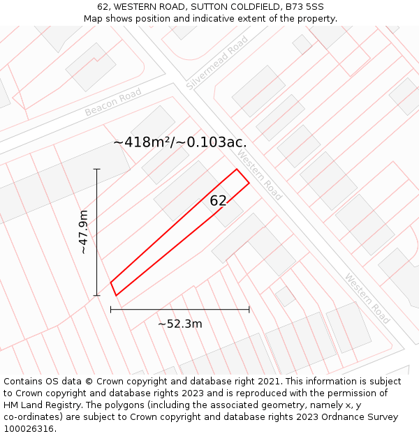 62, WESTERN ROAD, SUTTON COLDFIELD, B73 5SS: Plot and title map