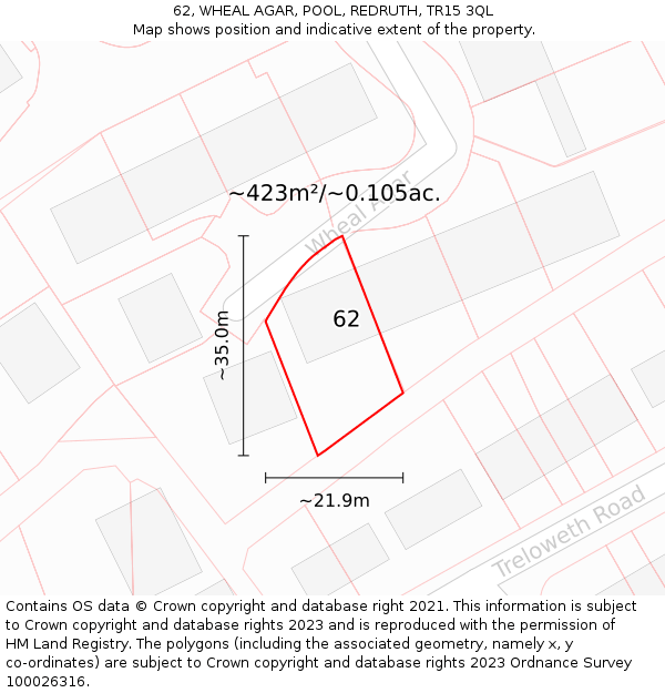 62, WHEAL AGAR, POOL, REDRUTH, TR15 3QL: Plot and title map