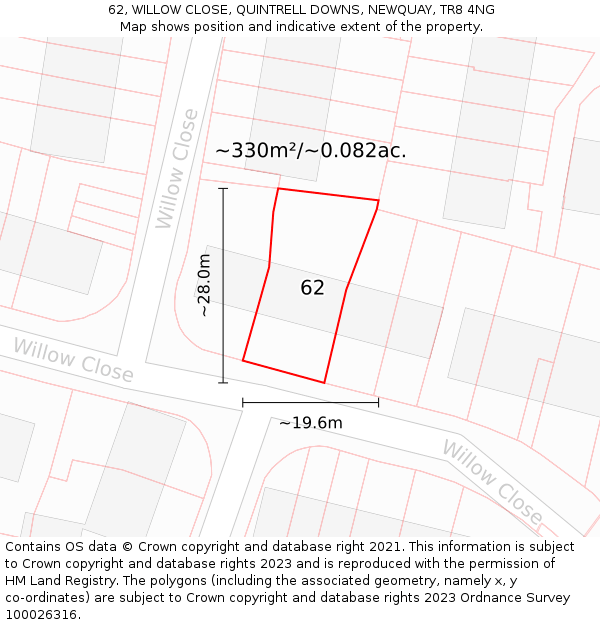 62, WILLOW CLOSE, QUINTRELL DOWNS, NEWQUAY, TR8 4NG: Plot and title map