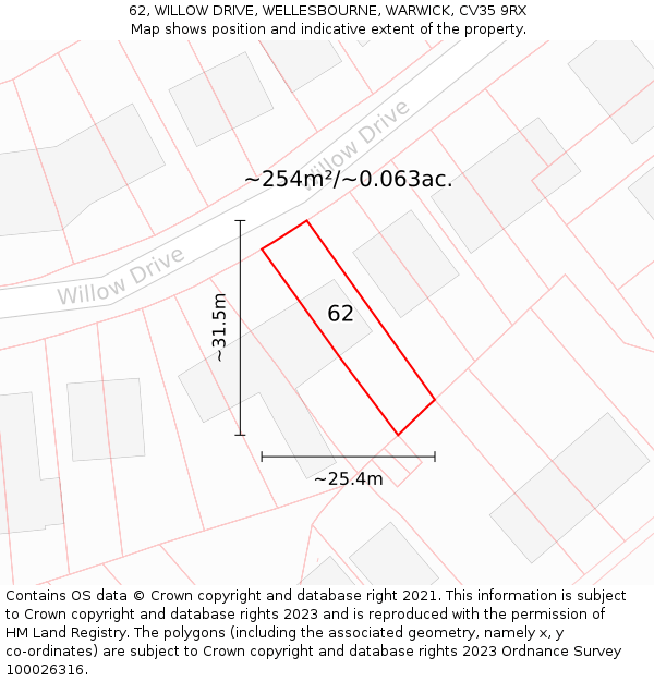 62, WILLOW DRIVE, WELLESBOURNE, WARWICK, CV35 9RX: Plot and title map