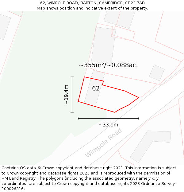 62, WIMPOLE ROAD, BARTON, CAMBRIDGE, CB23 7AB: Plot and title map