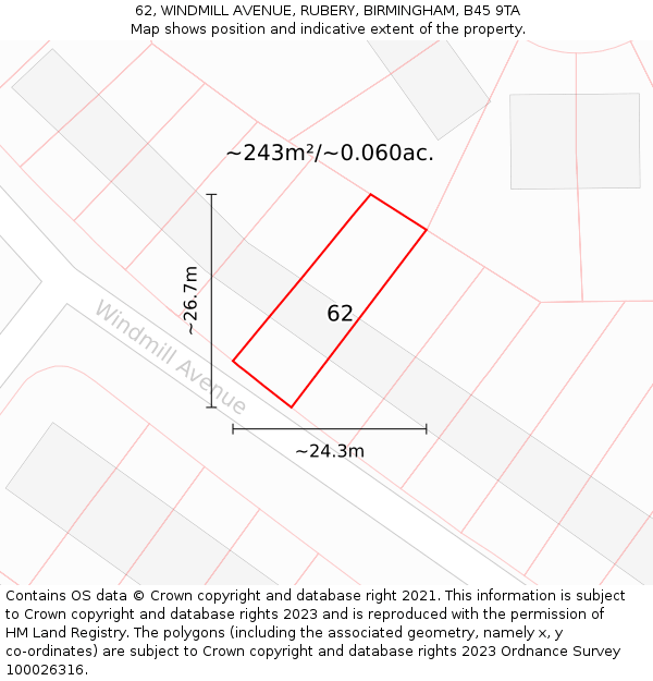 62, WINDMILL AVENUE, RUBERY, BIRMINGHAM, B45 9TA: Plot and title map