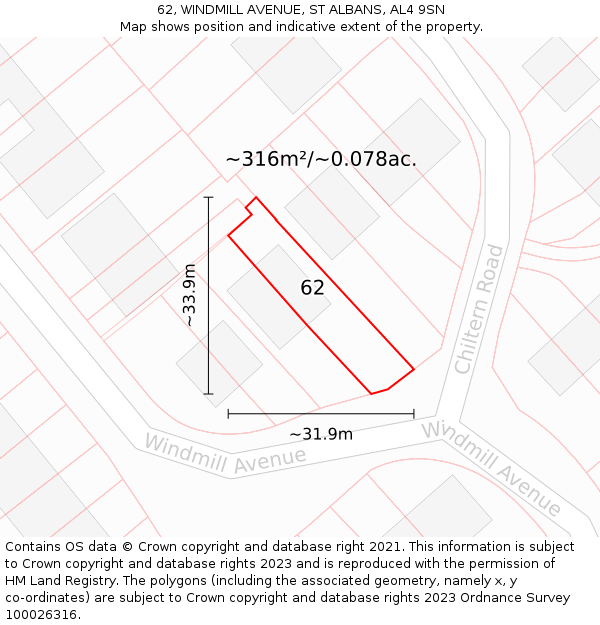 62, WINDMILL AVENUE, ST ALBANS, AL4 9SN: Plot and title map