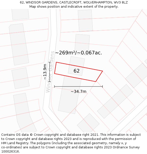 62, WINDSOR GARDENS, CASTLECROFT, WOLVERHAMPTON, WV3 8LZ: Plot and title map