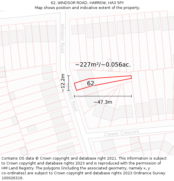 62, WINDSOR ROAD, HARROW, HA3 5PY: Plot and title map