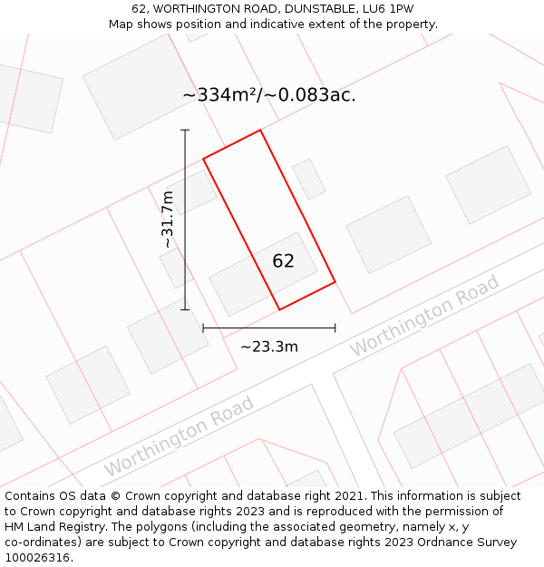 62, WORTHINGTON ROAD, DUNSTABLE, LU6 1PW: Plot and title map