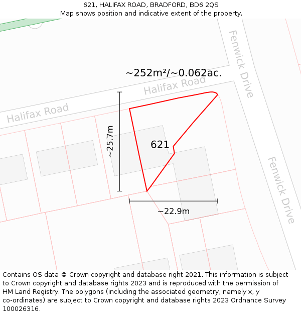 621, HALIFAX ROAD, BRADFORD, BD6 2QS: Plot and title map
