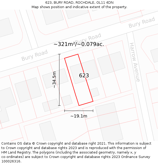 623, BURY ROAD, ROCHDALE, OL11 4DN: Plot and title map