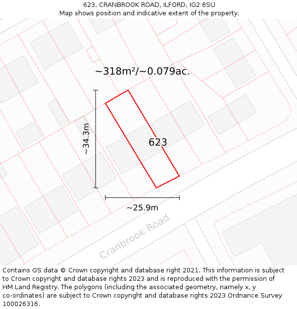 623, CRANBROOK ROAD, ILFORD, IG2 6SU: Plot and title map