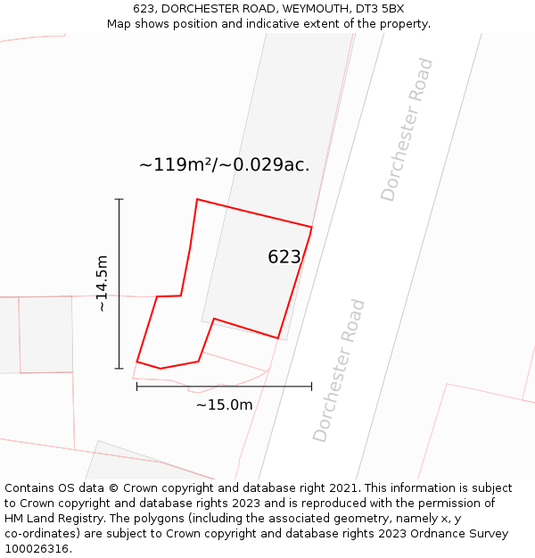 623, DORCHESTER ROAD, WEYMOUTH, DT3 5BX: Plot and title map