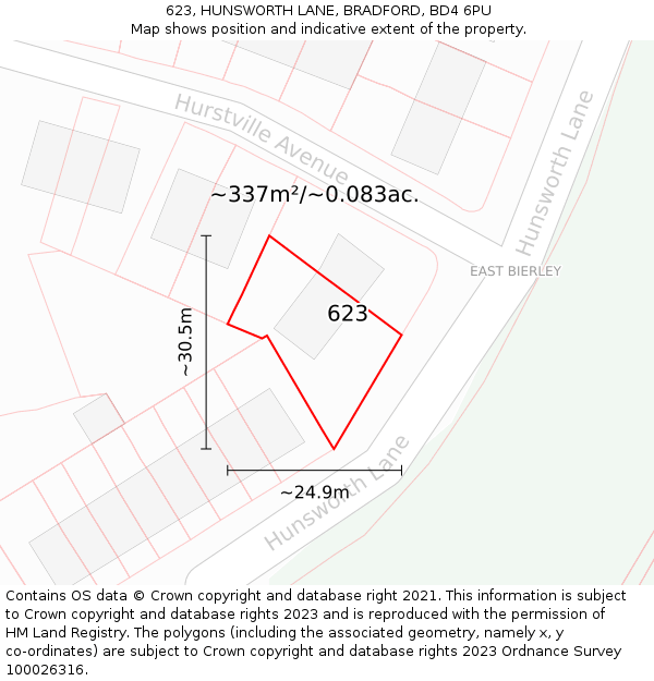623, HUNSWORTH LANE, BRADFORD, BD4 6PU: Plot and title map