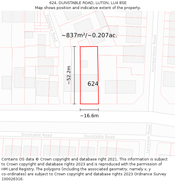 624, DUNSTABLE ROAD, LUTON, LU4 8SE: Plot and title map